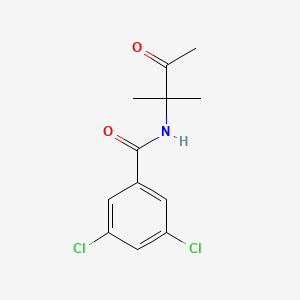 Chemical structure of 4-(2,6-dichlorophenyl)tetrahydro-2H-pyran-4-carboxamide