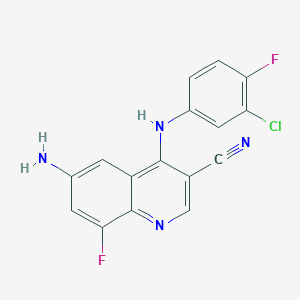 Chemical structure of 3-Quinolinecarbonitrile, 6-amino-4-[(3-chloro-4-fluorophenyl)amino]-8-fluoro-