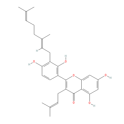 Chemical structure of 3'-Geranyl-3-prenyl-2',4',5,7-tetrahydroxyflavone