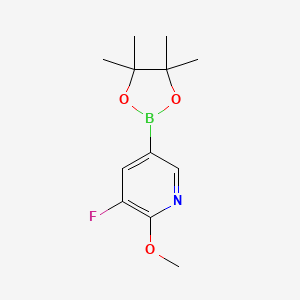 Chemical structure of 3-Fluoro-2-methoxy-5-(4,4,5,5-tetramethyl-1,3,2-dioxaborolan-2-yl)pyridine