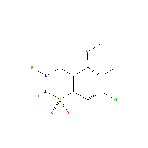 Chemical structure of 3-Bromo-7-chloro-6-fluoro-5-methoxy-2H-benzo[e][1,2,4]thiadiazine-1,1-dioxide