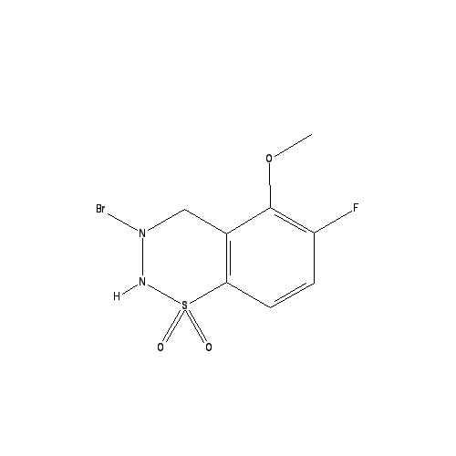 Chemical structure of 3-Bromo-6-fluoro-5-methoxy-2H-benzo[e][1,2,4]thiadiazine 1,1-dioxide