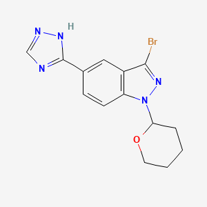 Chemical structure of 3-bromo-1-(tetrahydro-2H-pyran-2-yl)-5-(1H-1,2,4-triazol-3-yl)-1H-indazole