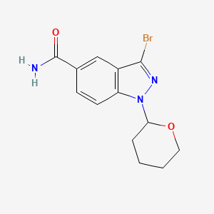 Chemical structure of 3-bromo-1-(tetrahydro-2H-pyran-2-yl)-1H-indazole-5-carboxamide