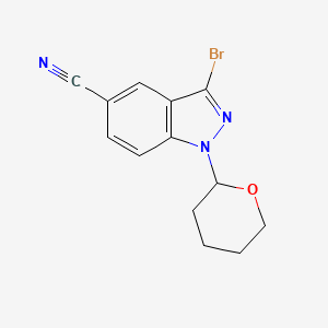 Chemical structure of 3-bromo-1-(tetrahydro-2H-pyran-2-yl)-1H-indazole-5-carbonitrile