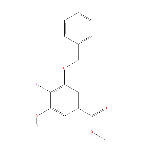 Chemical structure of 3-Benzyloxy-5-hydroxy-4-iodobenzoic acid methyl ester