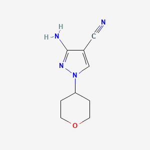 Chemical structure of 3-amino-1-(tetrahydro-2H-pyran-4-yl)-1H-pyrazole-4-carbonitrile