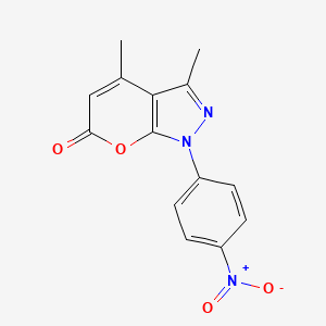 Chemical structure of 3,4-Dimethyl-1-(4-nitrophenyl)pyrano[2,3-c]pyrazol-6(1H)-one