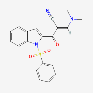 Chemical structure of 3-(Dimethylamino)-2-(1-(phenylsulfonyl)-1H-indole-2-carbonyl)acrylonitrile