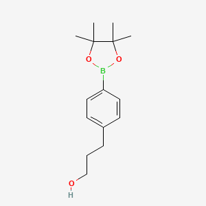 Chemical structure of 3-(4-(4,4,5,5-Tetramethyl-1,3,2-dioxaborolan-2-yl)phenyl)propan-1-ol