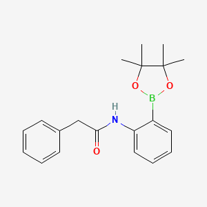 Chemical structure of 2-phenyl-N-[2-(4,4,5,5-tetramethyl-1,3,2-dioxaborolan-2-yl)phenyl]acetamide