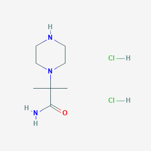 Chemical structure of 2-Methyl-2-(piperazin-1-yl)propanamide dihydrochloride