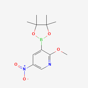 Chemical structure of 2-Methoxy-3-nitro-5-(4,4,5,5-tetramethyl-1,3,2-dioxaborolan-2-yl)pyridine