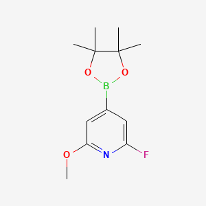 Chemical structure of 2-fluoro-6-methoxy-4-(4,4,5,5-tetramethyl-1,3,2-dioxaborolan-2-yl)pyridine