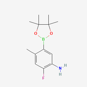 Chemical structure of 2-Fluoro-4-methyl-5-(4,4,5,5-tetramethyl-1,3,2-dioxaborolan-2-yl)aniline