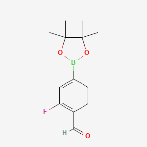 Chemical structure of 2-Fluoro-4-(4,4,5,5-tetramethyl-1,3,2-dioxaborolan-2-yl)benzaldehyde