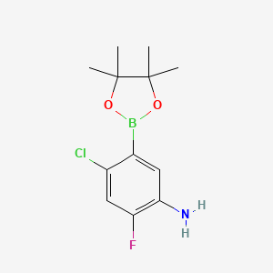 Chemical structure of 2-Chloro-5-fluoro-3-(4,4,5,5-tetramethyl-1,3,2-dioxaborolan-2-yl)aniline