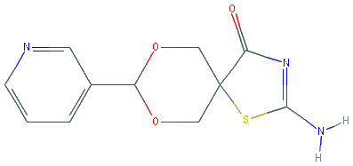 Chemical structure of 2-Amino-8-pyridin-3-yl-7,9-dioxa-1-thia-3-aza-spiro[4.5]dec-2-en-4-one