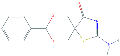 Chemical structure of 2-Amino-8-phenyl-7,9-dioxa-1-thia-3-aza-spiro[4.5]dec-2-en-4-one