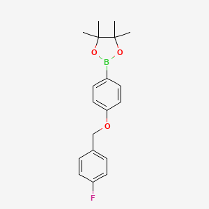 Chemical structure of 2-{4-[(4-fluorophenyl)methoxy]phenyl}-4,4,5,5-tetramethyl-1,3,2-dioxaborolane