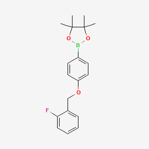 Chemical structure of 2-{4-[(2-fluorophenyl)methoxy]phenyl}-4,4,5,5-tetramethyl-1,3,2-dioxaborolane