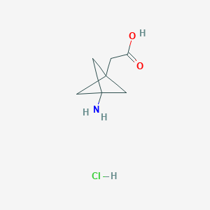 Chemical structure of 2-{3-aminobicyclo[1.1.1]pentan-1-yl}acetic acid hydrochloride