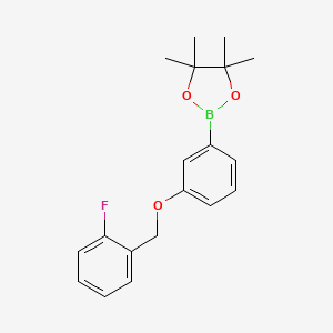 Chemical structure of 2-{3-[(2-fluorophenyl)methoxy]phenyl}-4,4,5,5-tetramethyl-1,3,2-dioxaborolane