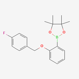 Chemical structure of 2-{2-[(4-fluorophenyl)methoxy]phenyl}-4,4,5,5-tetramethyl-1,3,2-dioxaborolane