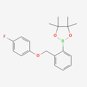 Chemical structure of 2-{2-[(4-fluorophenoxy)methyl]phenyl}-4,4,5,5-tetramethyl-1,3,2-dioxaborolane