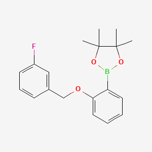 Chemical structure of 2-{2-[(3-fluorophenyl)methoxy]phenyl}-4,4,5,5-tetramethyl-1,3,2-dioxaborolane