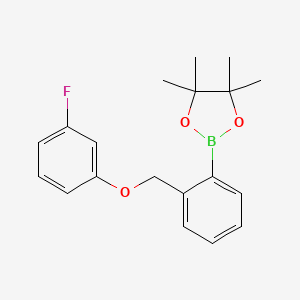 Chemical structure of 2-{2-[(3-fluorophenoxy)methyl]phenyl}-4,4,5,5-tetramethyl-1,3,2-dioxaborolane