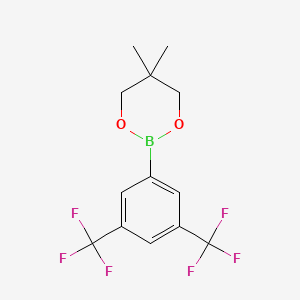 Chemical structure of 2-[3,5-bis(trifluoromethyl)phenyl]-5,5-dimethyl-1,3,2-dioxaborinane