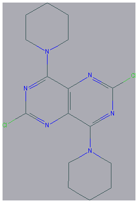 Chemical structure of 2,6-Dichloro-4,8-di(piperidin-1-yl)pyrimido[5,4-d]pyrimidine