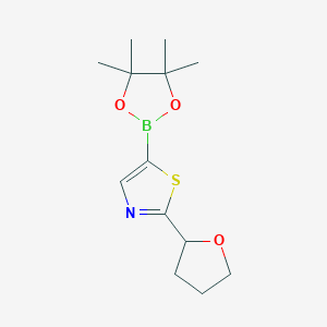 Chemical structure of 2-(tetrahydrofuran-2-yl)-5-(4,4,5,5-tetramethyl-1,3,2-dioxaborolan-2-yl)thiazole