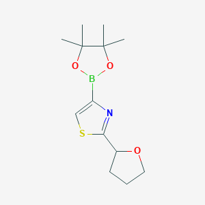 Chemical structure of 2-(tetrahydrofuran-2-yl)-4-(4,4,5,5-tetramethyl-1,3,2-dioxaborolan-2-yl)thiazole