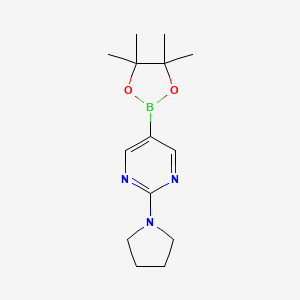 Chemical structure of 2-(pyrrolidin-1-yl)-5-(4,4,5,5-tetramethyl-1,3,2-dioxaborolan-2-yl)pyrimidine