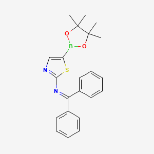 Chemical structure of 2-(N-diphenylmethylene)thiazole-5-boronic acid pinacol ester