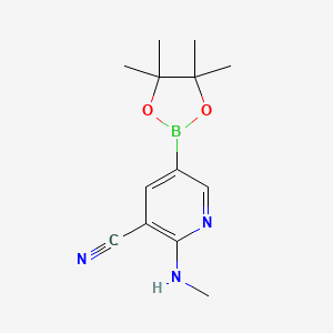 Chemical structure of 2-(Methylamino)-5-(4,4,5,5-tetramethyl-1,3,2-dioxaborolan-2-yl)nicotinonitrile
