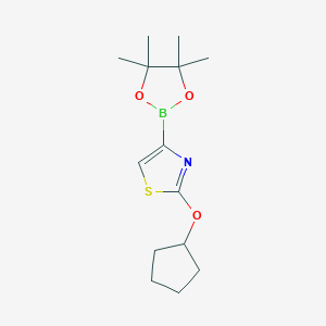 Chemical structure of 2-(cyclopentyloxy)-4-(4,4,5,5-tetramethyl-1,3,2-dioxaborolan-2-yl)thiazole