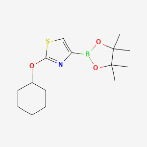 Chemical structure of 2-(cyclohexyloxy)-4-(4,4,5,5-tetramethyl-1,3,2-dioxaborolan-2-yl)thiazole