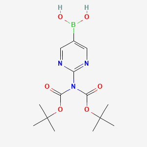 Chemical structure of 2-(5-Borono-2-pyrimidinyl)imidodicarbonic acid 1,3-bis(tert-butyl) ester