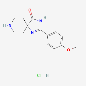 Chemical structure of 2-(4-Methoxyphenyl)-1,3,8-triazaspiro[4.5]dec-1-en-4-one hydrochloride