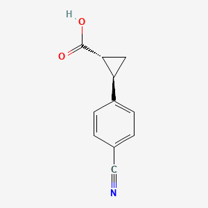 Chemical structure of 2-(4-cyanophenyl)cyclopropane-1-carboxylic acid