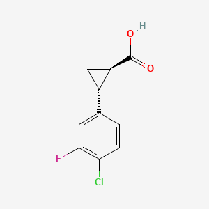 Chemical structure of 2-(4-chloro-3-fluorophenyl)cyclopropane-1-carboxylic acid
