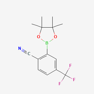 Chemical structure of 2-(4,4,5,5-Tetramethyl-1,3,2-dioxaborolan-2-yl)-4-(trifluoromethyl)benzonitrile