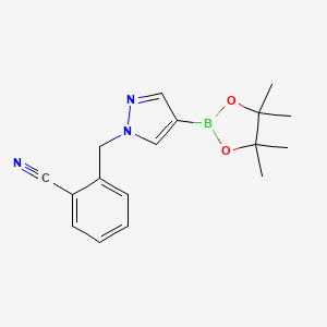 Chemical structure of 2-(4-(4,4,5,5-Tetramethyl-1,3,2-dioxaborolan-2-yl)-1H-pyrazol-1-yl)benzonitrile