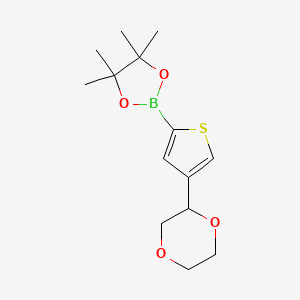 Chemical structure of 2-(4-(1,4-dioxan-2-yl)thiophen-2-yl)-4,4,5,5-tetramethyl-1,3,2-dioxaborolane
