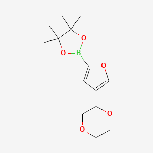 Chemical structure of 2-(4-(1,4-dioxan-2-yl)furan-2-yl)-4,4,5,5-tetramethyl-1,3,2-dioxaborolane