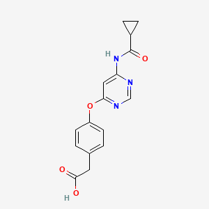Chemical structure of 2-(4-((6-(cyclopropanecarboxamido)pyrimidin-4-yl)oxy)phenyl)acetic acid