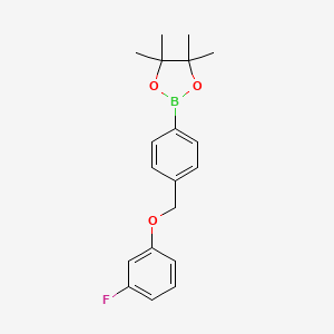 Chemical structure of 2-(4-((3-fluorophenoxy)methyl)phenyl)-4,4,5,5-tetramethyl-1,3,2-dioxaborolane